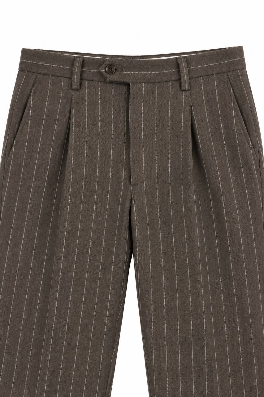 Pantalone Uomo Gessato Marrone con Pence e Risvoltino - De Matteo Uomo
