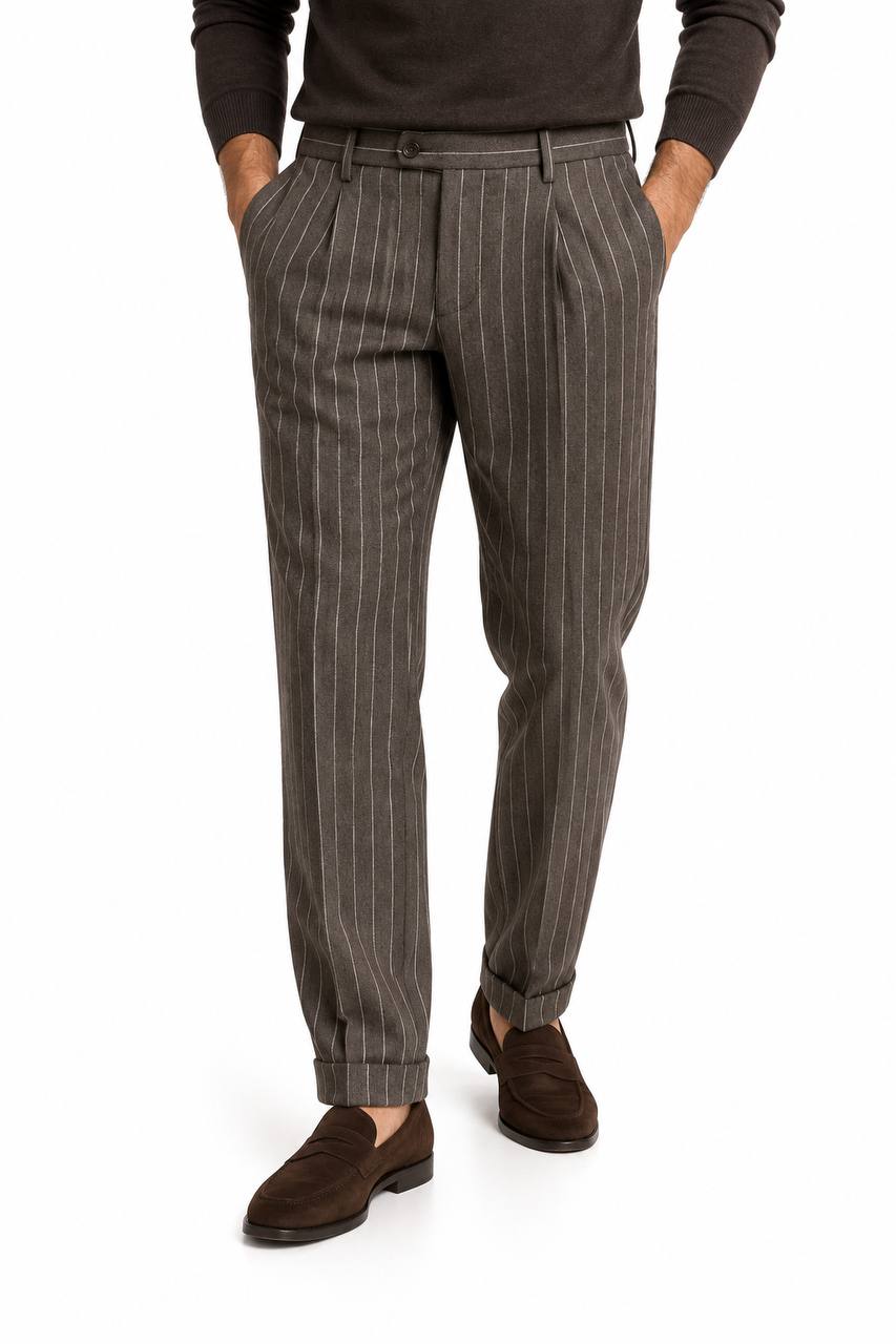 Pantalone Uomo Gessato Marrone con Pence e Risvoltino - De Matteo Uomo