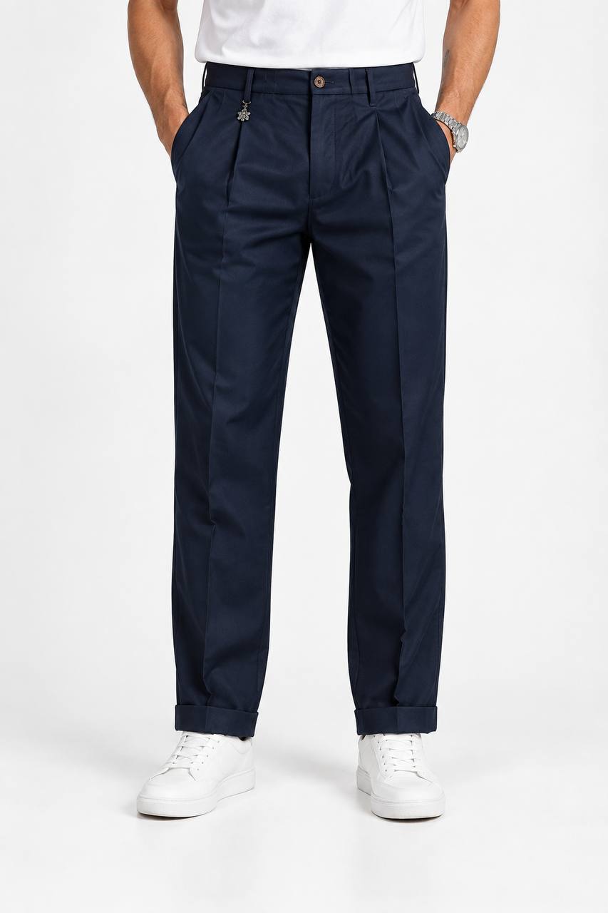 Pantalone Uomo con Pence e Risvoltino Cucito in 100% Cotone