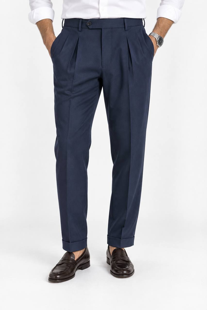 Pantalone Uomo con Doppia Pence, Elastico Interno e Risvoltino