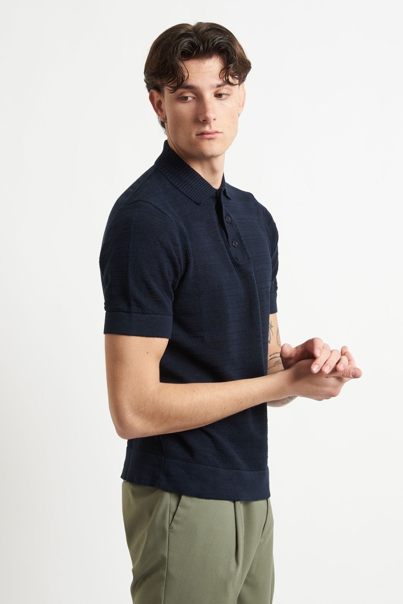 Polo Basic Blu Traforata con Chiusura a Bottoni - De Matteo Uomo