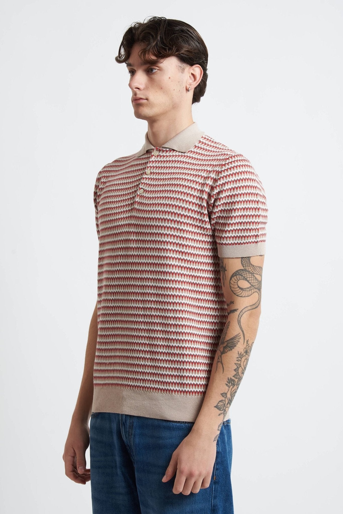 Polo in Maglia con Fantasia Zig Zag in Cotone - De Matteo Uomo