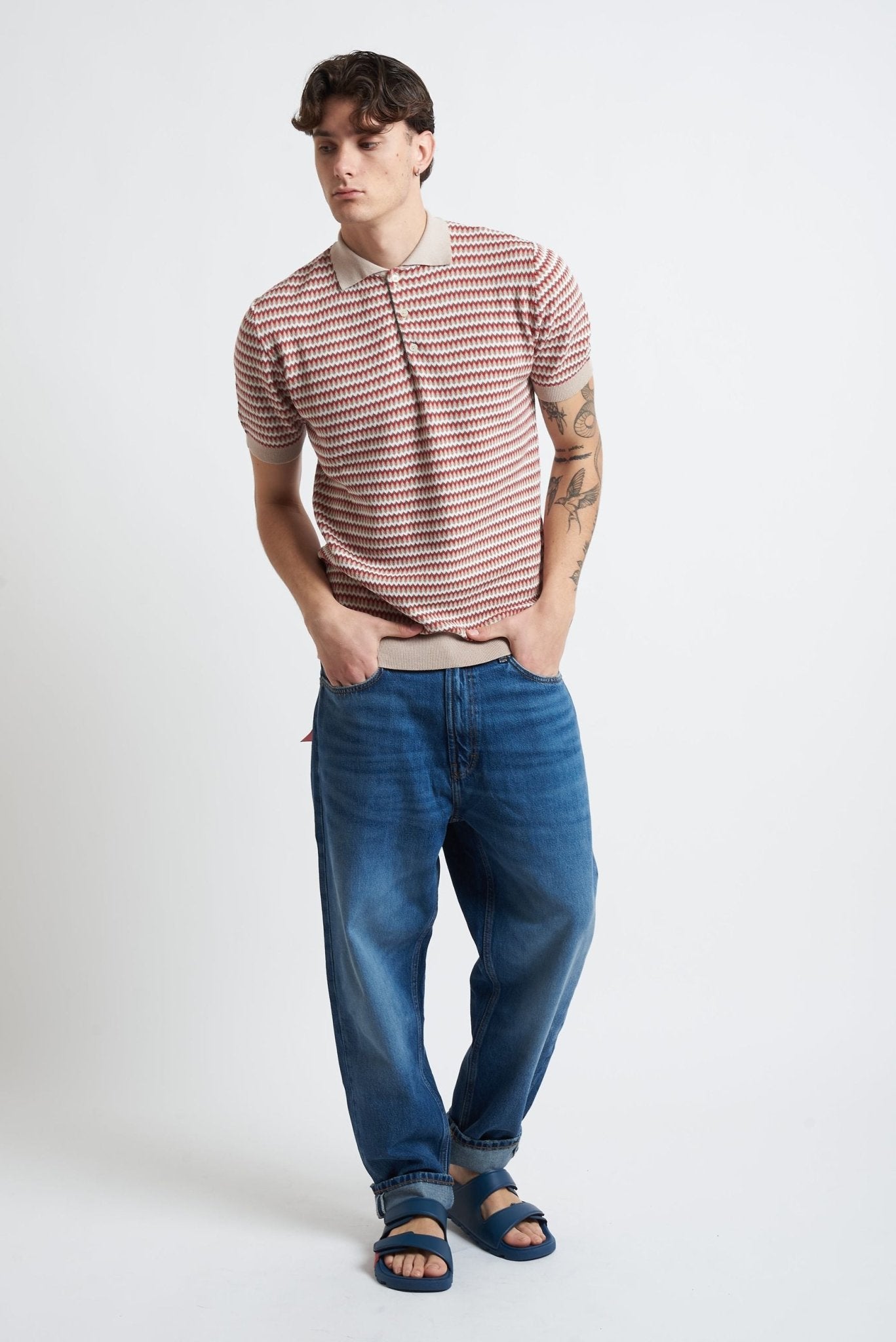 Polo in Maglia con Fantasia Zig Zag in Cotone - De Matteo Uomo
