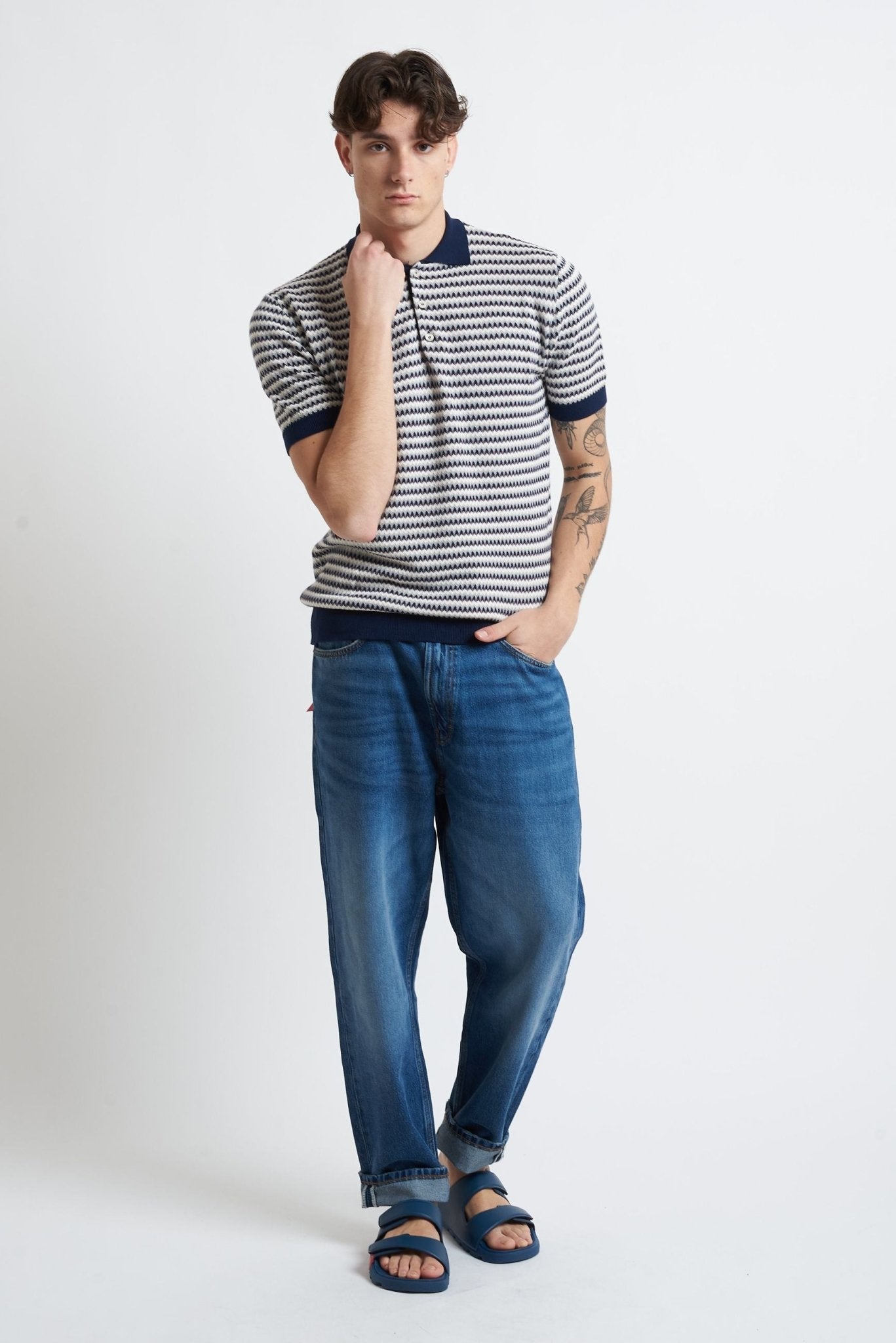 Polo in Maglia con Fantasia Zig Zag in Cotone - De Matteo Uomo
