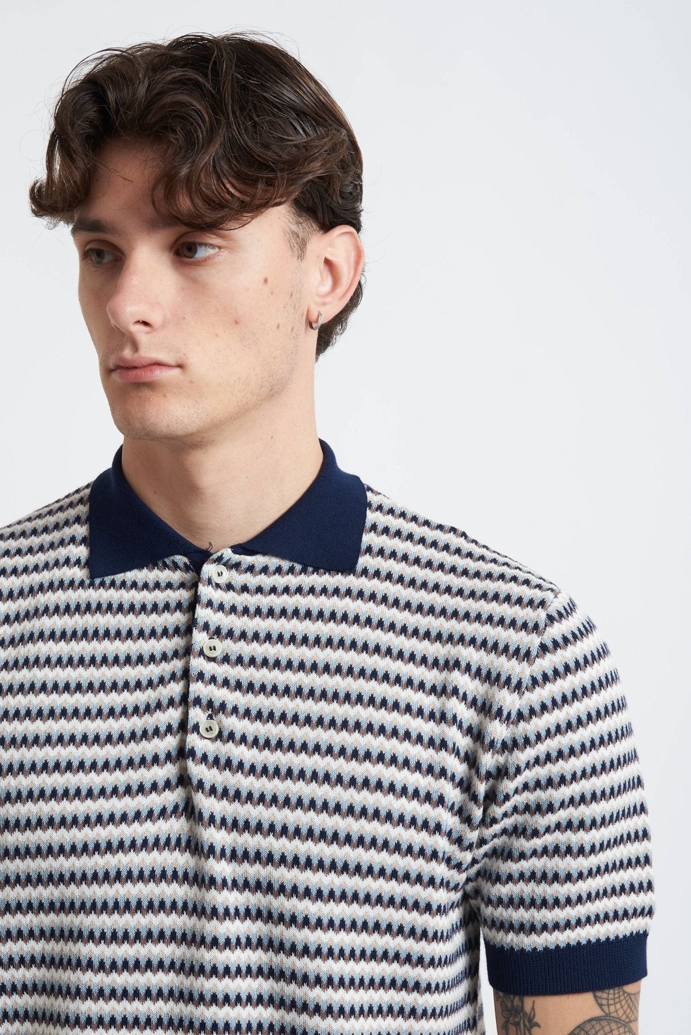 Polo in Maglia con Fantasia Zig Zag in Cotone - De Matteo Uomo