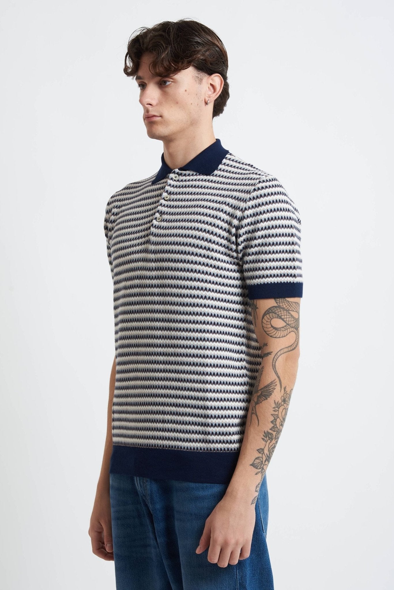 Polo in Maglia con Fantasia Zig Zag in Cotone - De Matteo Uomo