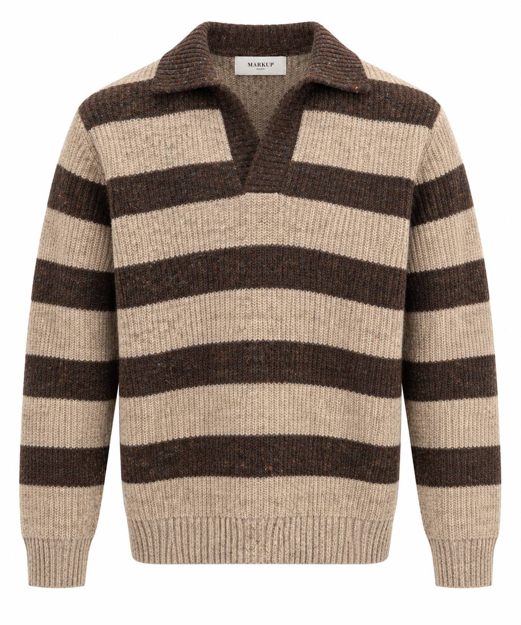 Polo manica lunga con riga marrone e beige - De Matteo Uomo