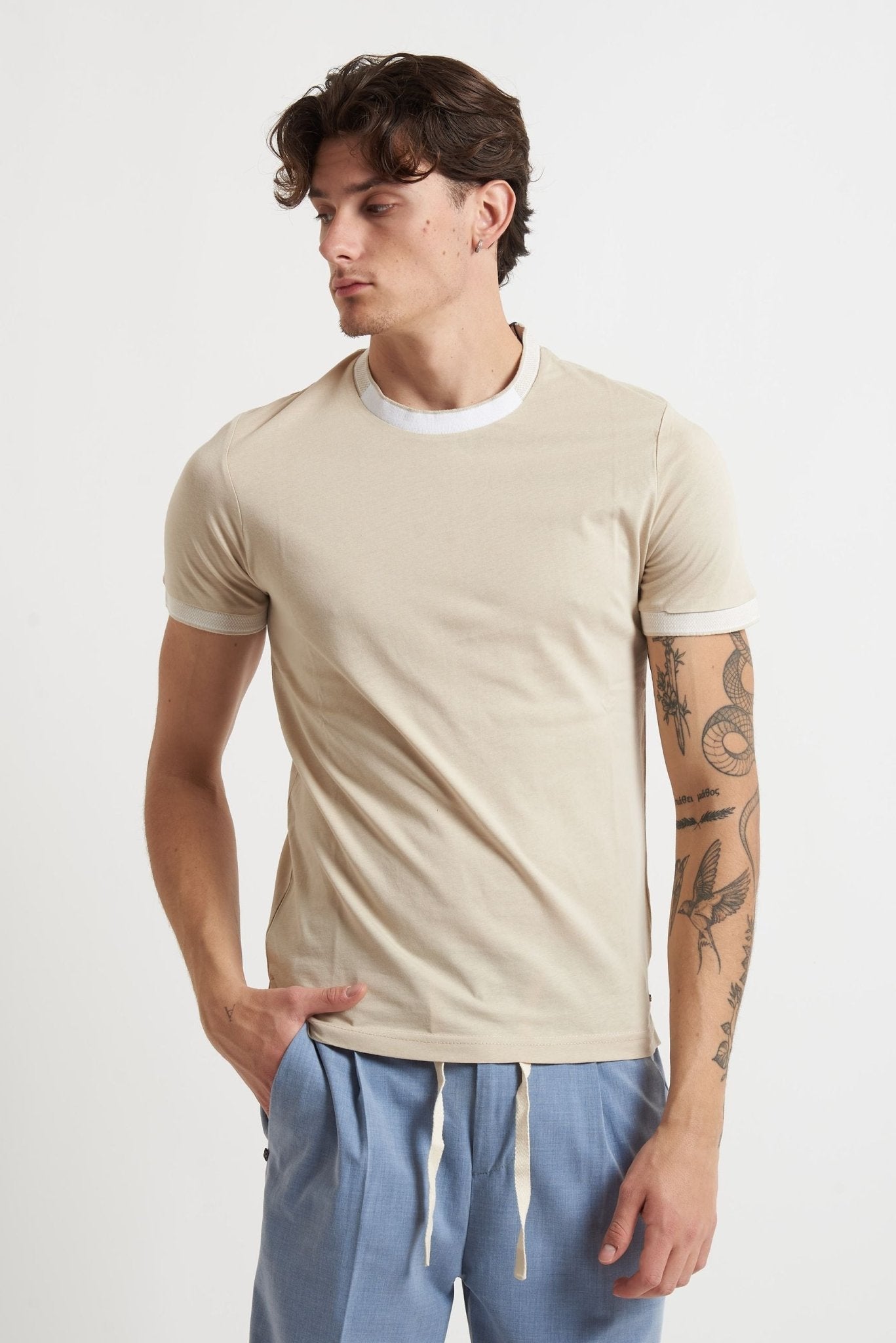 T-shirt Basic in Cotone con Collo e Maniche a Contrasto mk1910040 - De Matteo Uomo