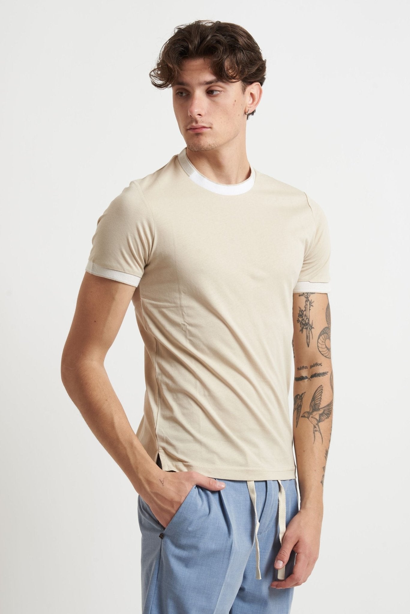 T-shirt Basic in Cotone con Collo e Maniche a Contrasto mk1910040 - De Matteo Uomo