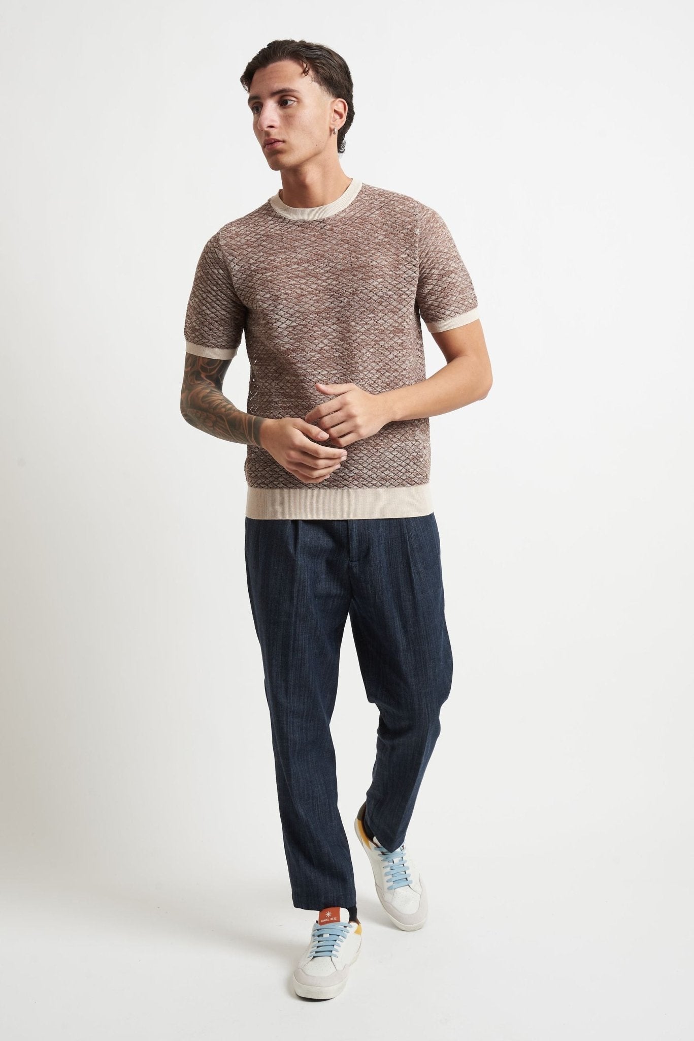 T-shirt Traforata Sfumata Beige e Marrone in Cotone - De Matteo Uomo