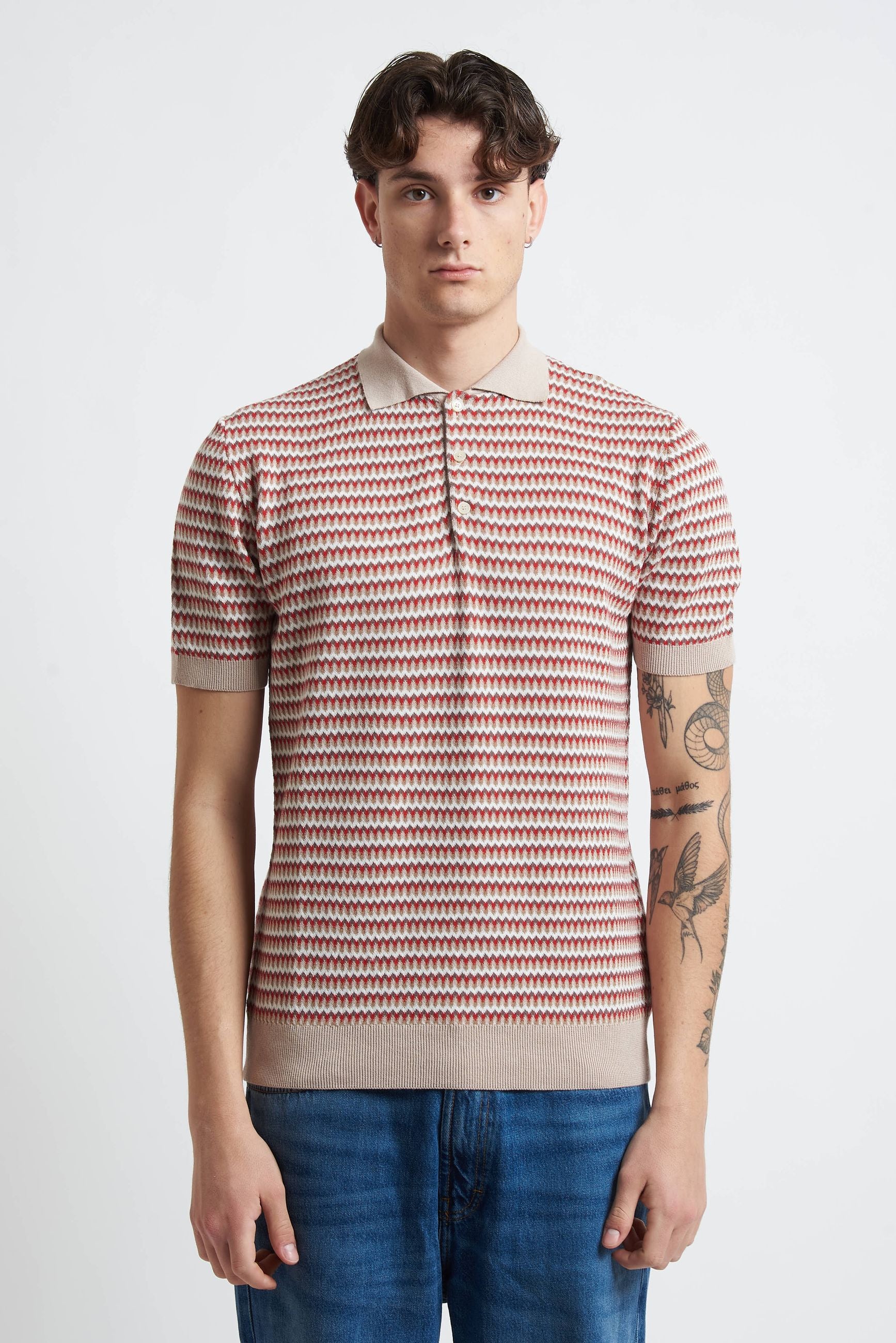 Polo in Maglia con Fantasia Zig Zag in Cotone m517